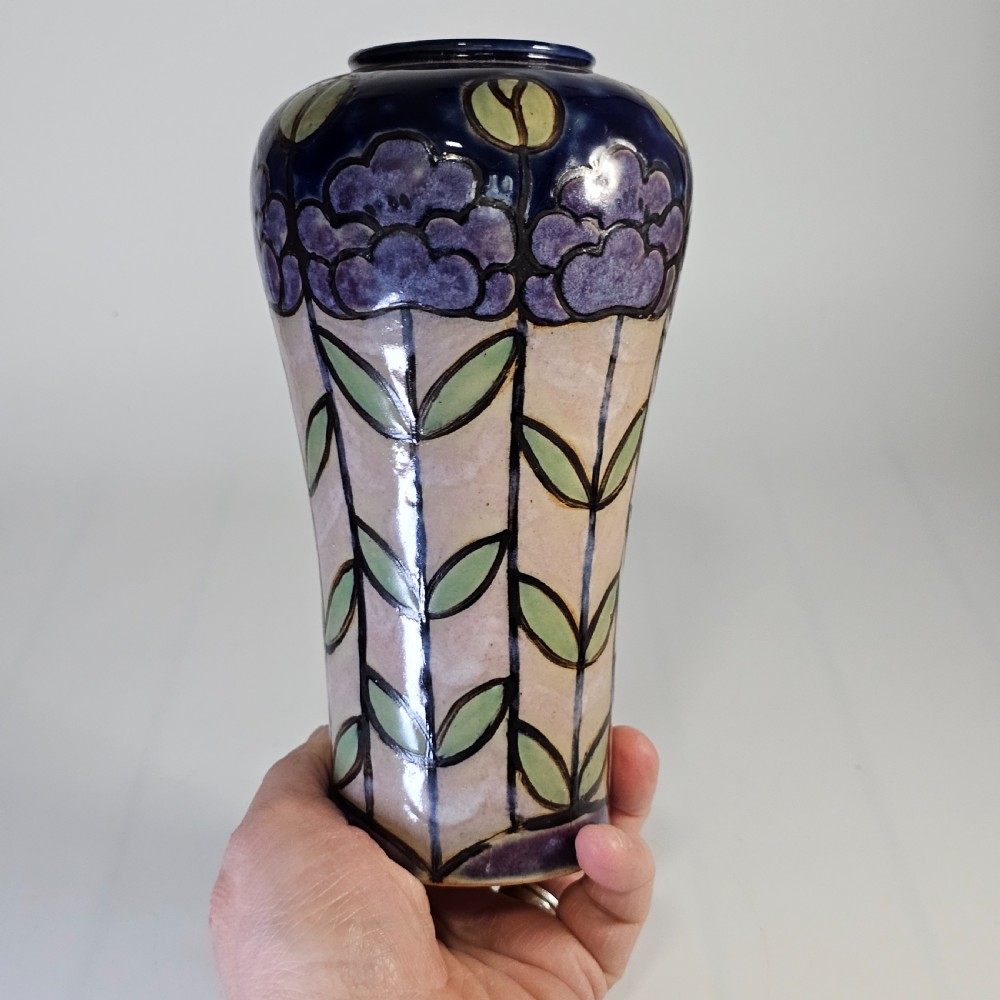 Attractive Early 20Thc Annie Lyons Royal Doulton Floral Vase In Blue, Purple And Creamy White View VII