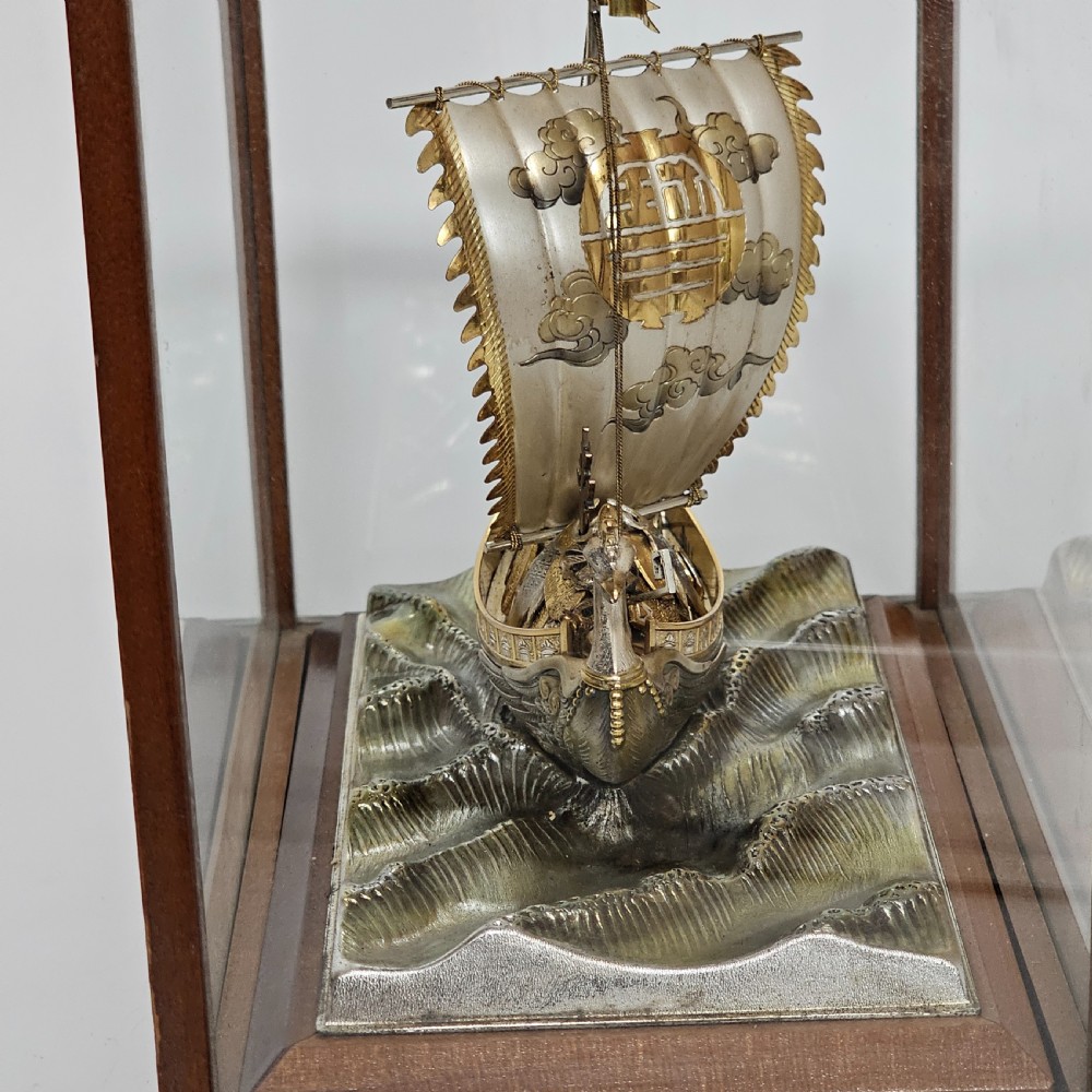 Rare - Superb Large Seki Takehiko Japanese Gilt & Silver Treasure Ship With Case View IV