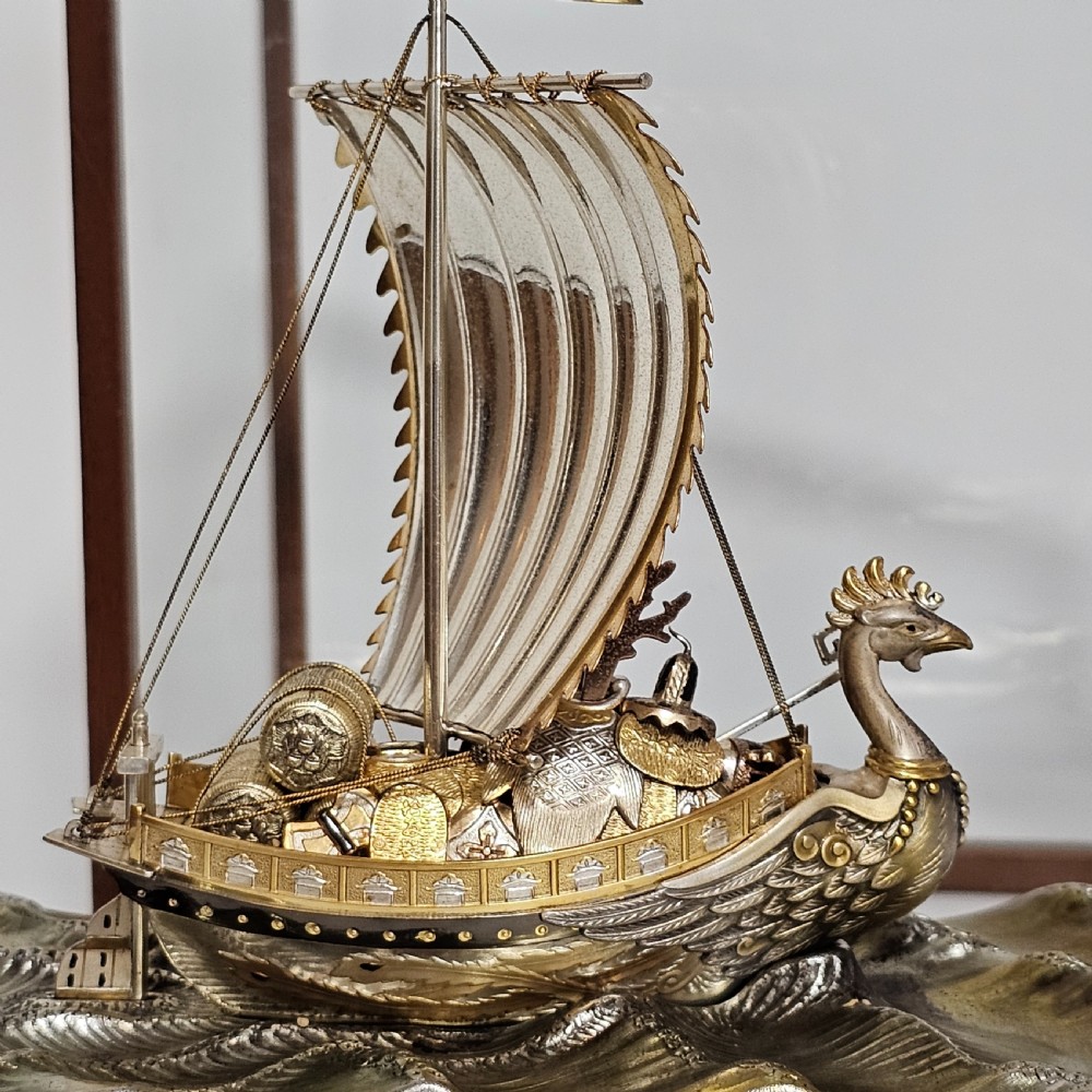 Rare - Superb Large Seki Takehiko Japanese Gilt & Silver Treasure Ship With Case View V