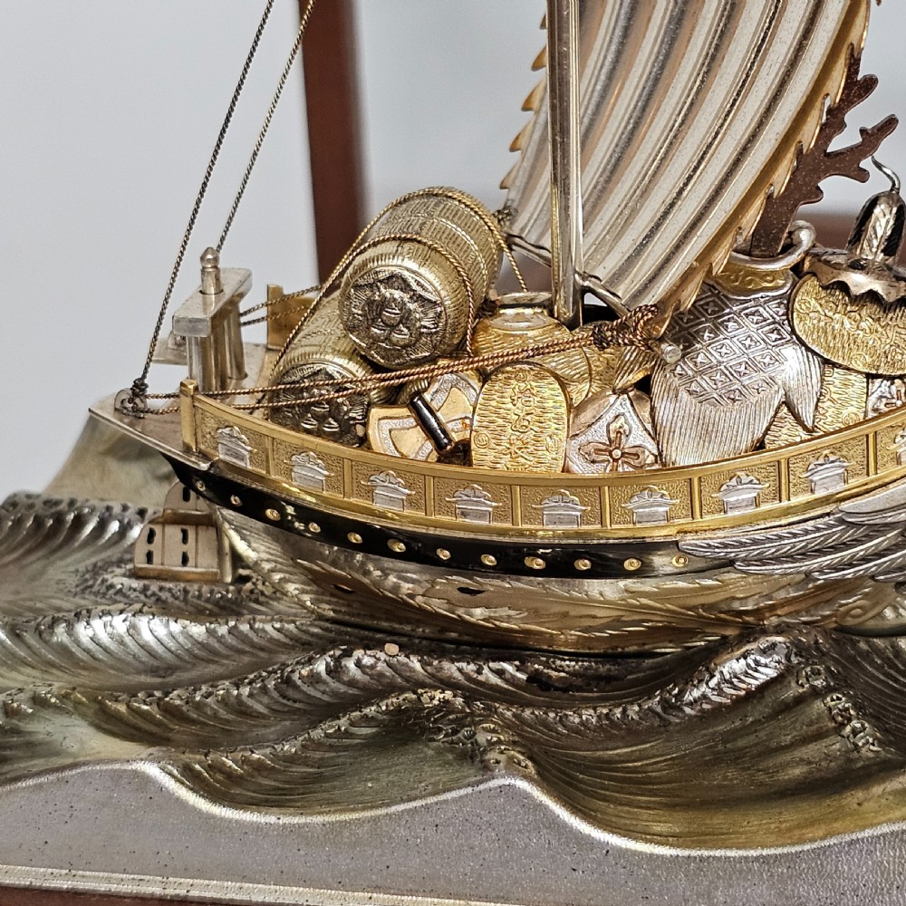 Rare - Superb Large Seki Takehiko Japanese Gilt & Silver Treasure Ship With Case View IX