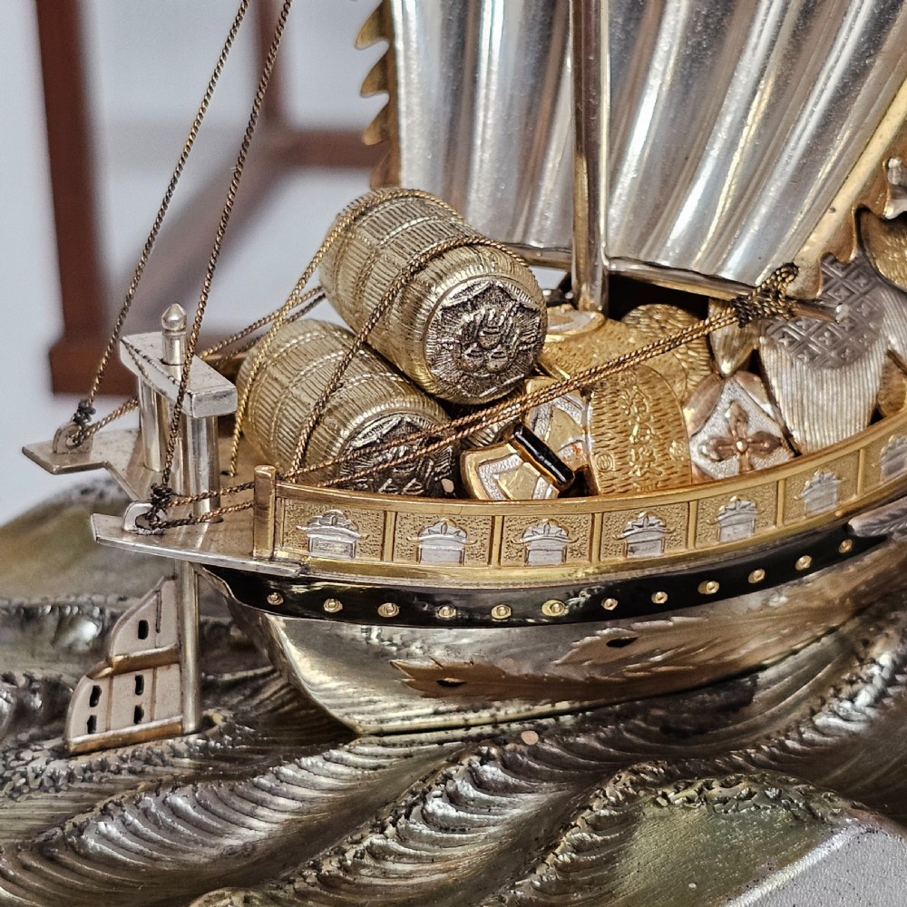 Rare - Superb Large Seki Takehiko Japanese Gilt & Silver Treasure Ship With Case View X