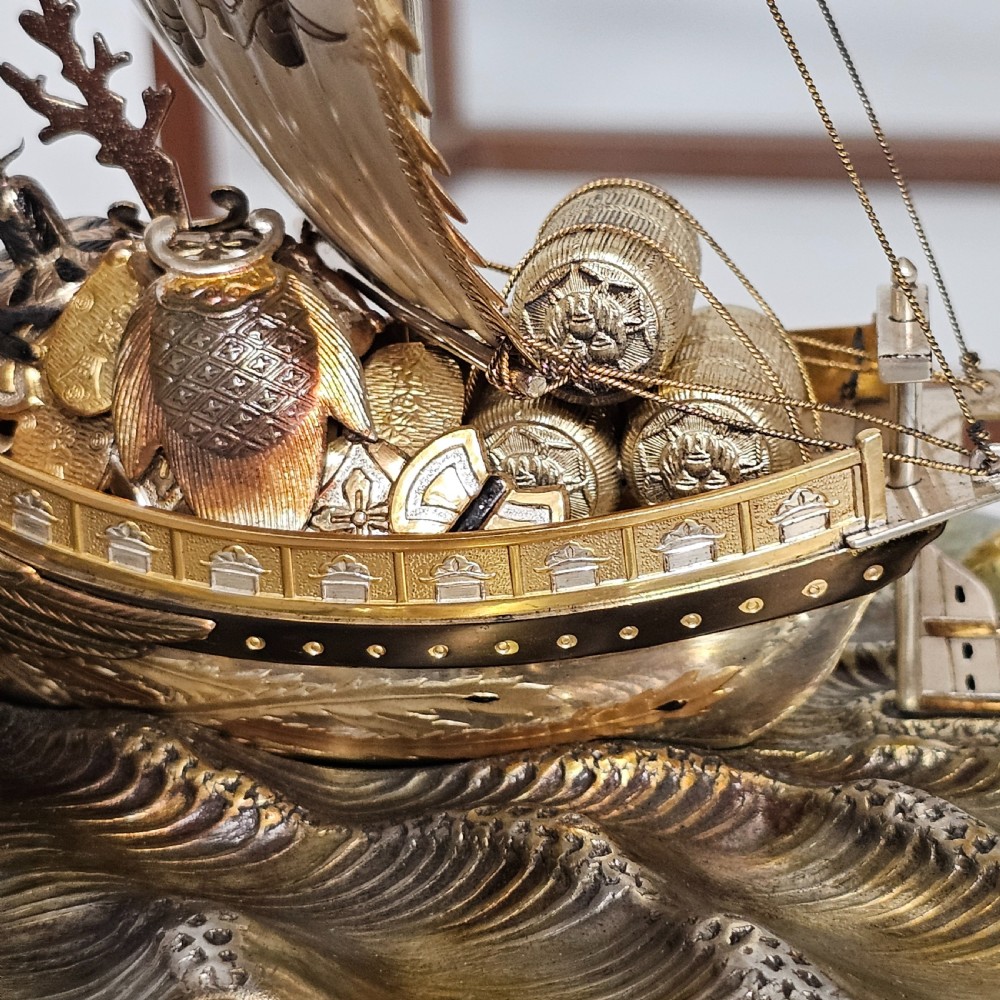 Rare - Superb Large Seki Takehiko Japanese Gilt & Silver Treasure Ship With Case View XIV