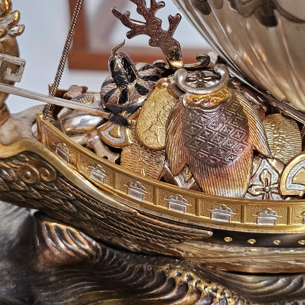 Rare - Superb Large Seki Takehiko Japanese Gilt & Silver Treasure Ship With Case View XV