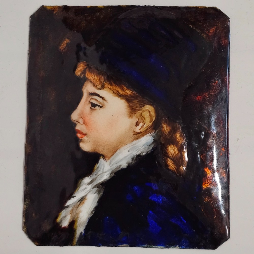 Antique French Enamel Portrait of Young Woman on Copper likely Limoges c1900