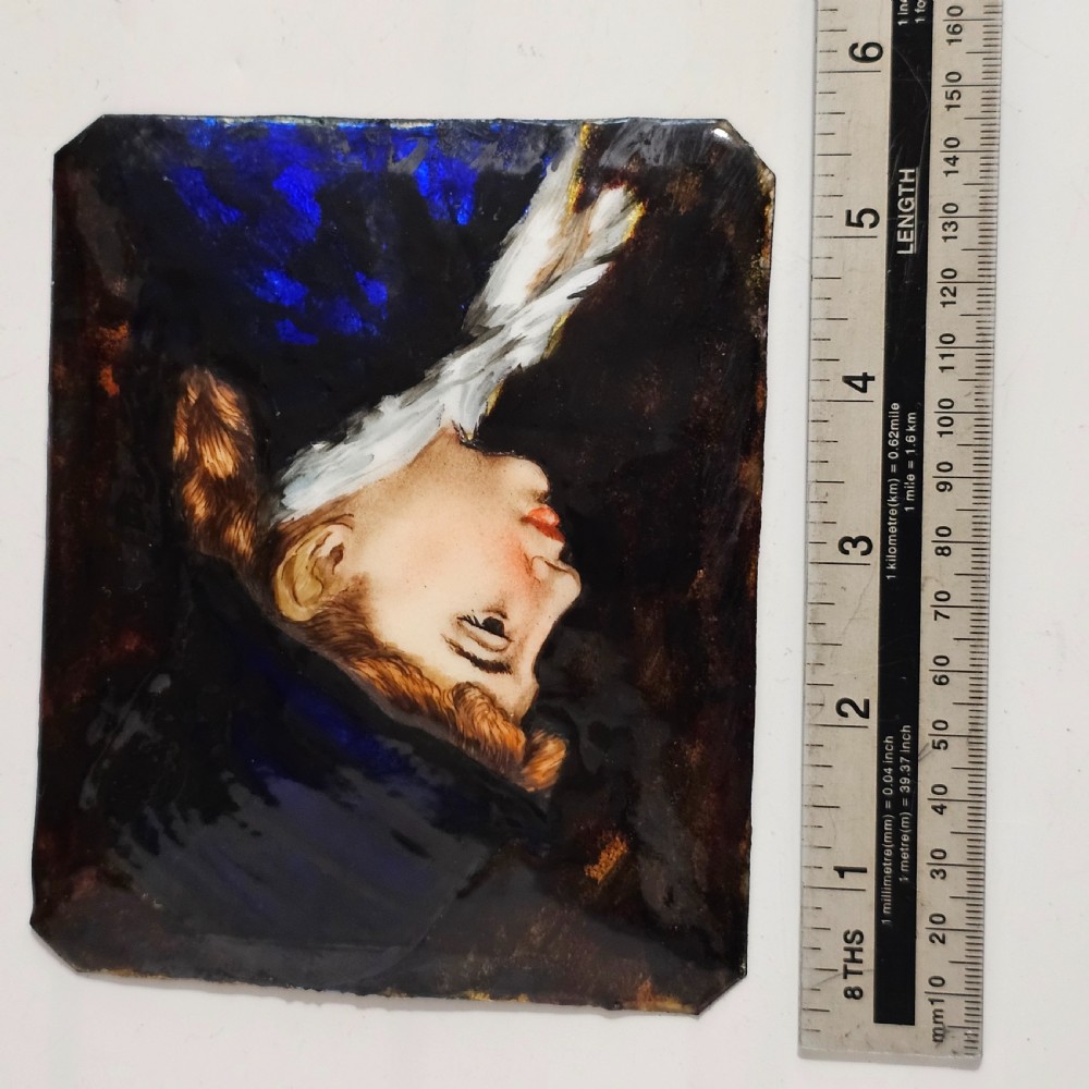 Antique French Enamel Portrait of Young Woman on Copper likely Limoges c1900 View II