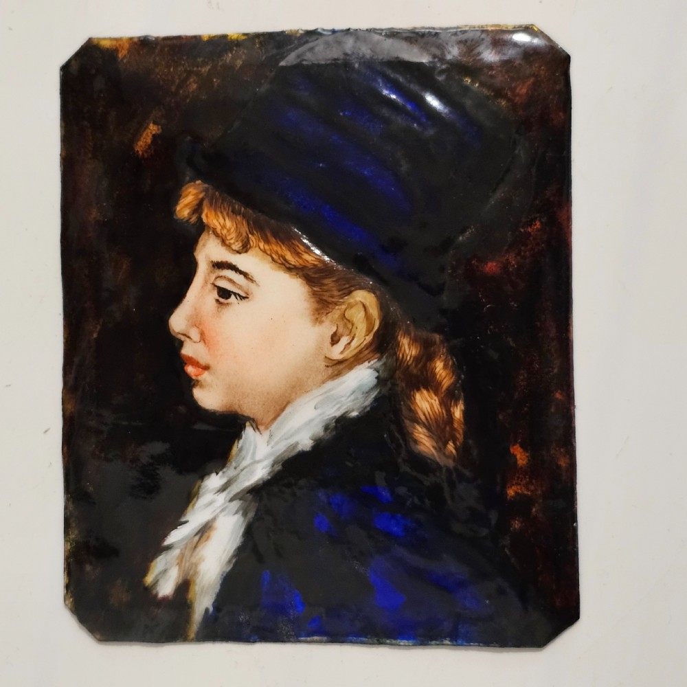 Antique French Enamel Portrait of Young Woman on Copper likely Limoges c1900 View III