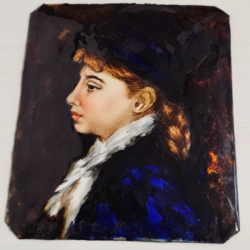 Antique French Enamel Portrait of Young Woman on Copper likely Limoges c1900 View IV