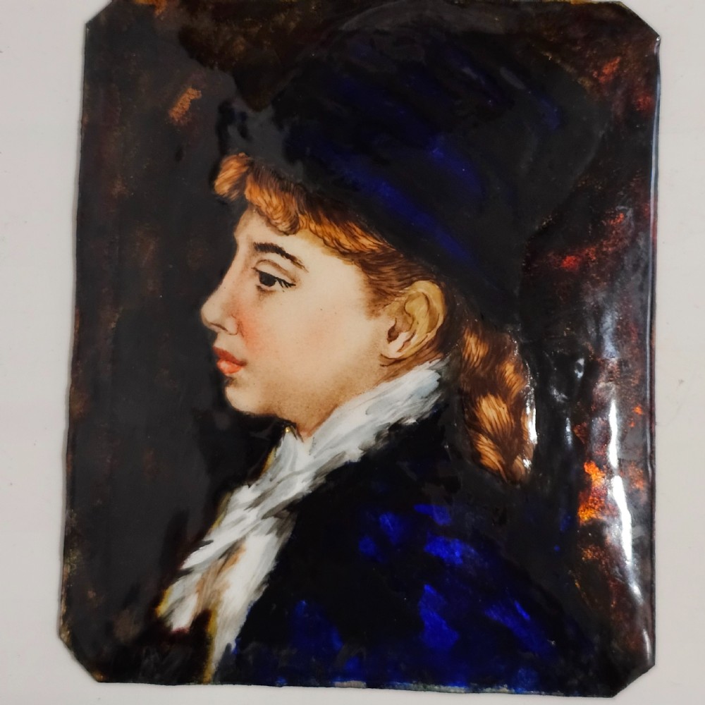 Antique French Enamel Portrait of Young Woman on Copper likely Limoges c1900 View V