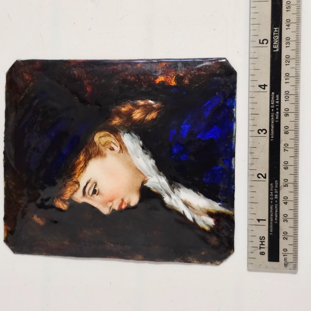 Antique French Enamel Portrait of Young Woman on Copper likely Limoges c1900 View VI