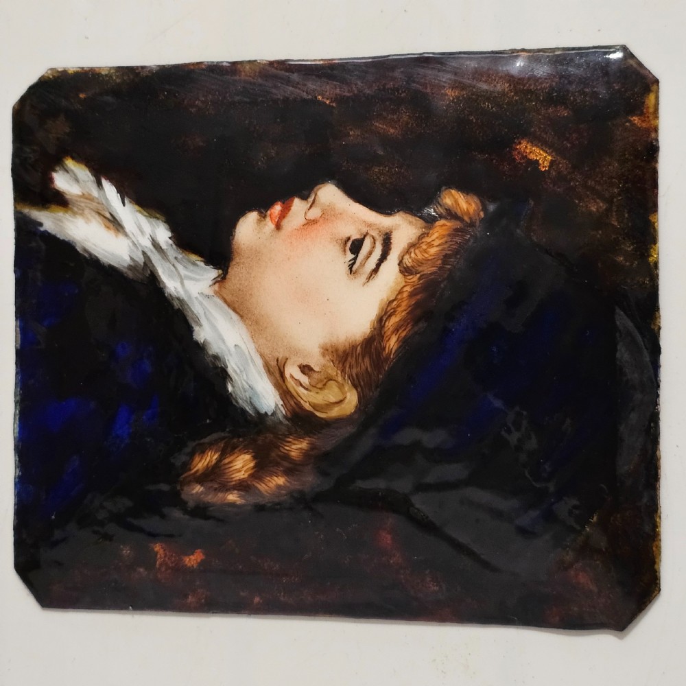 Antique French Enamel Portrait of Young Woman on Copper likely Limoges c1900 View VII