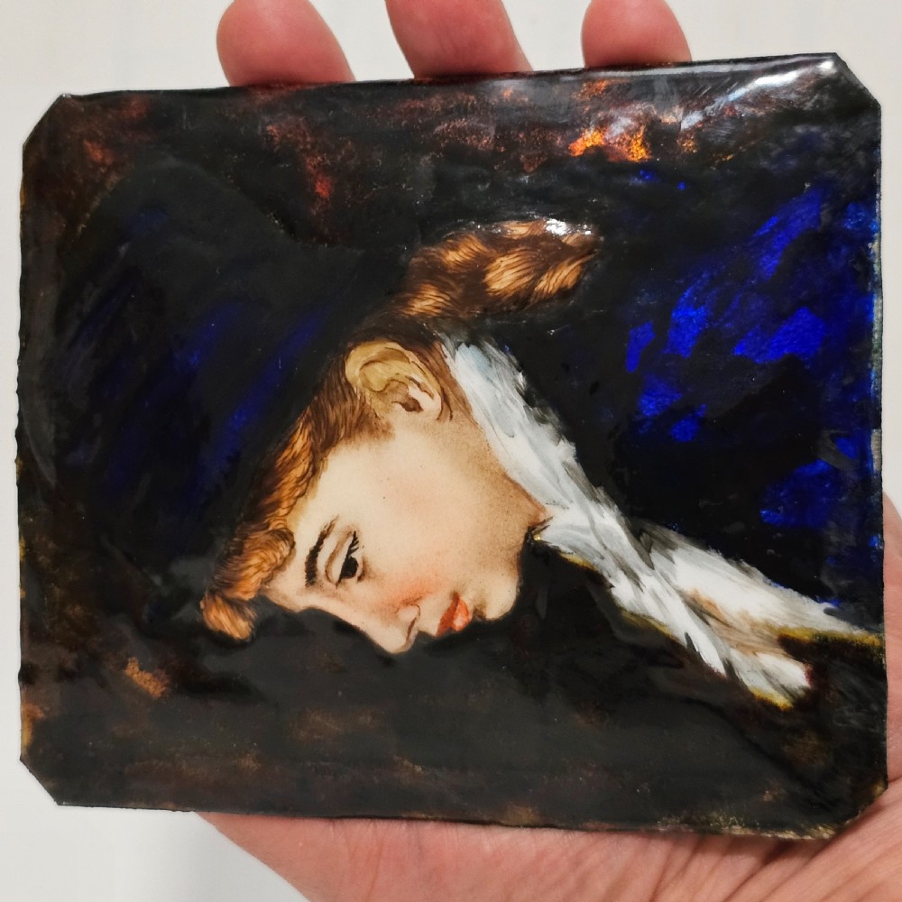 Antique French Enamel Portrait of Young Woman on Copper likely Limoges c1900 View X
