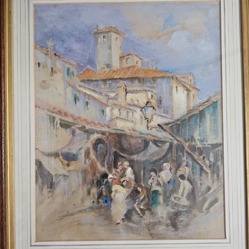 A framed Victorian watercolour painting depicting a European town market square with figures, architectural details, and a central tower in soft earth tones. View IV