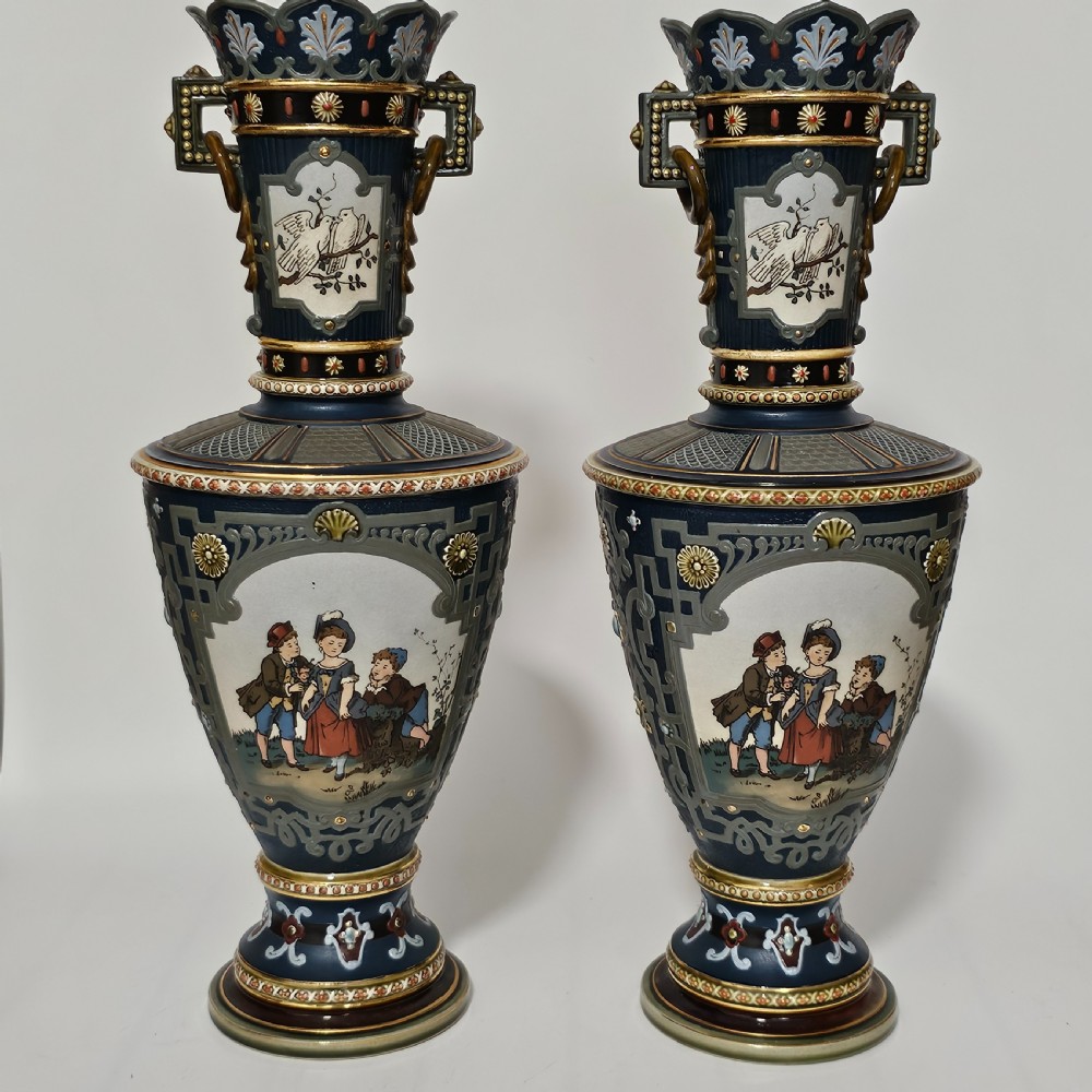Huge German Mettlach vintage Victorian antique Pr Vases 40cm