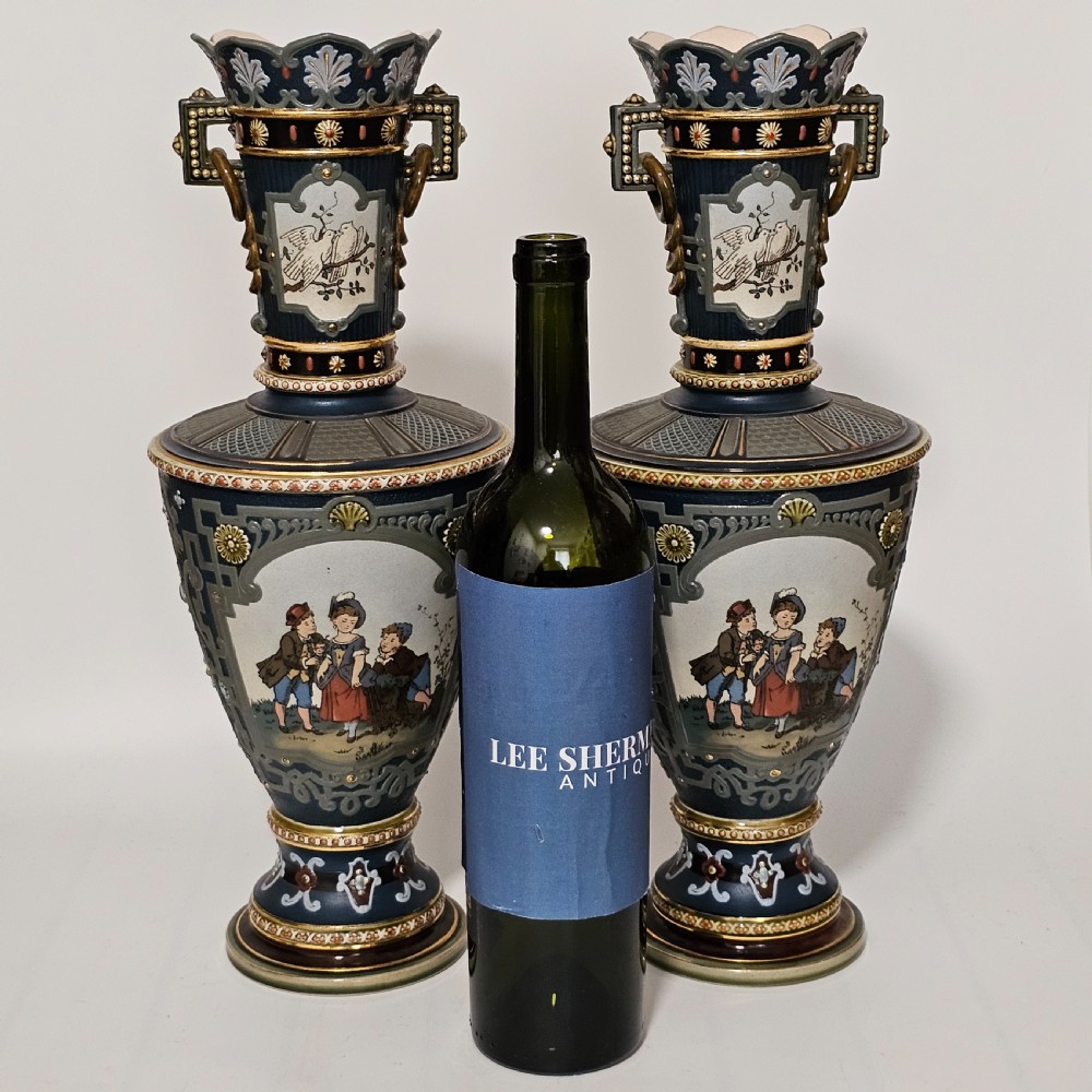 Huge German Mettlach vintage Victorian antique Pr Vases 40cm View II