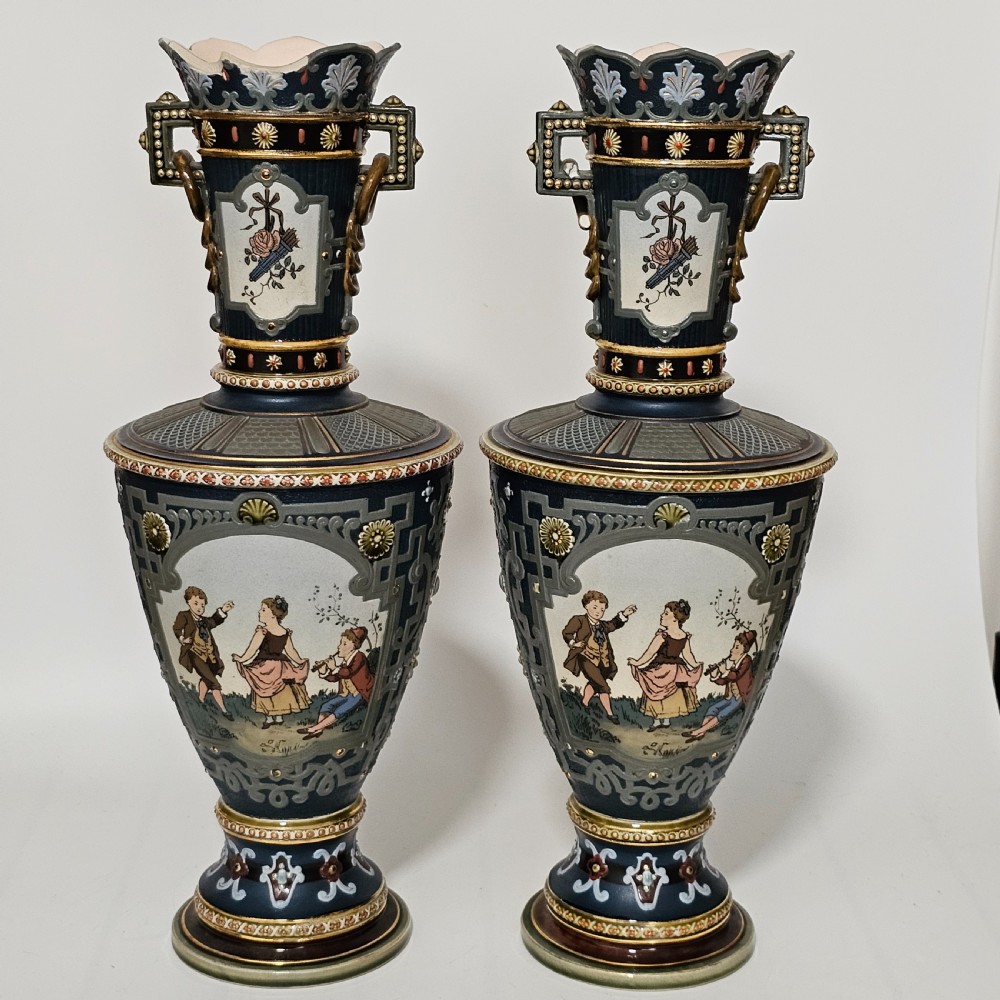 Huge German Mettlach vintage Victorian antique Pr Vases 40cm View III