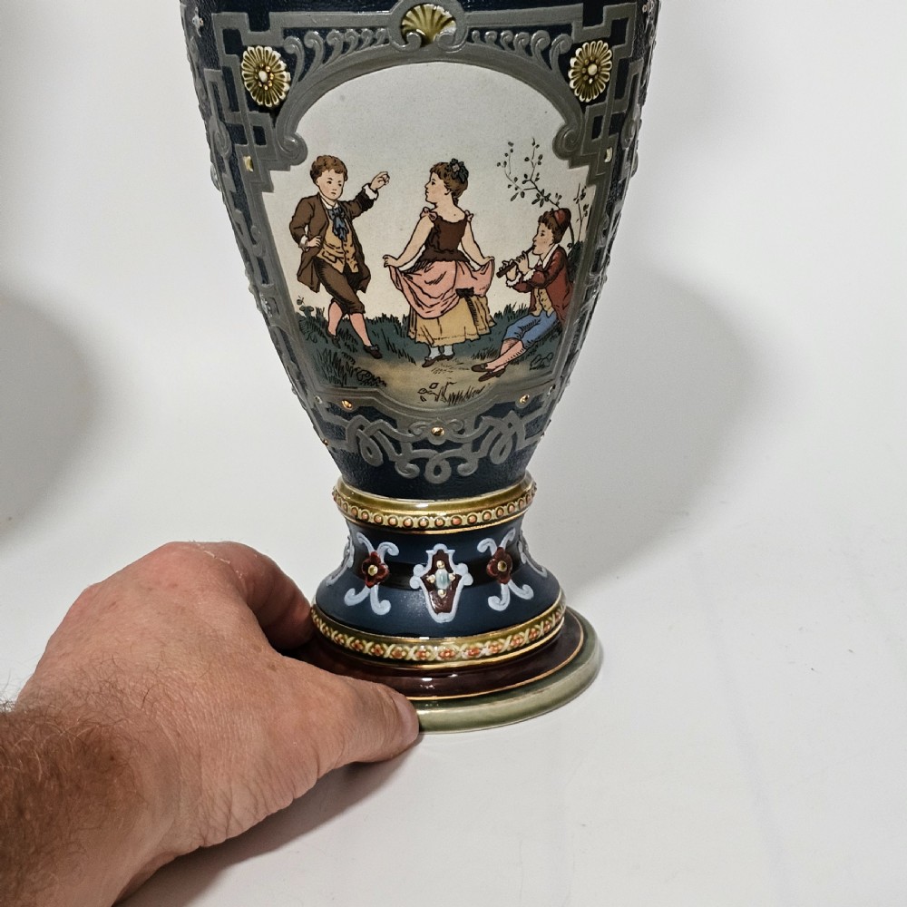 Huge German Mettlach vintage Victorian antique Pr Vases 40cm View IX