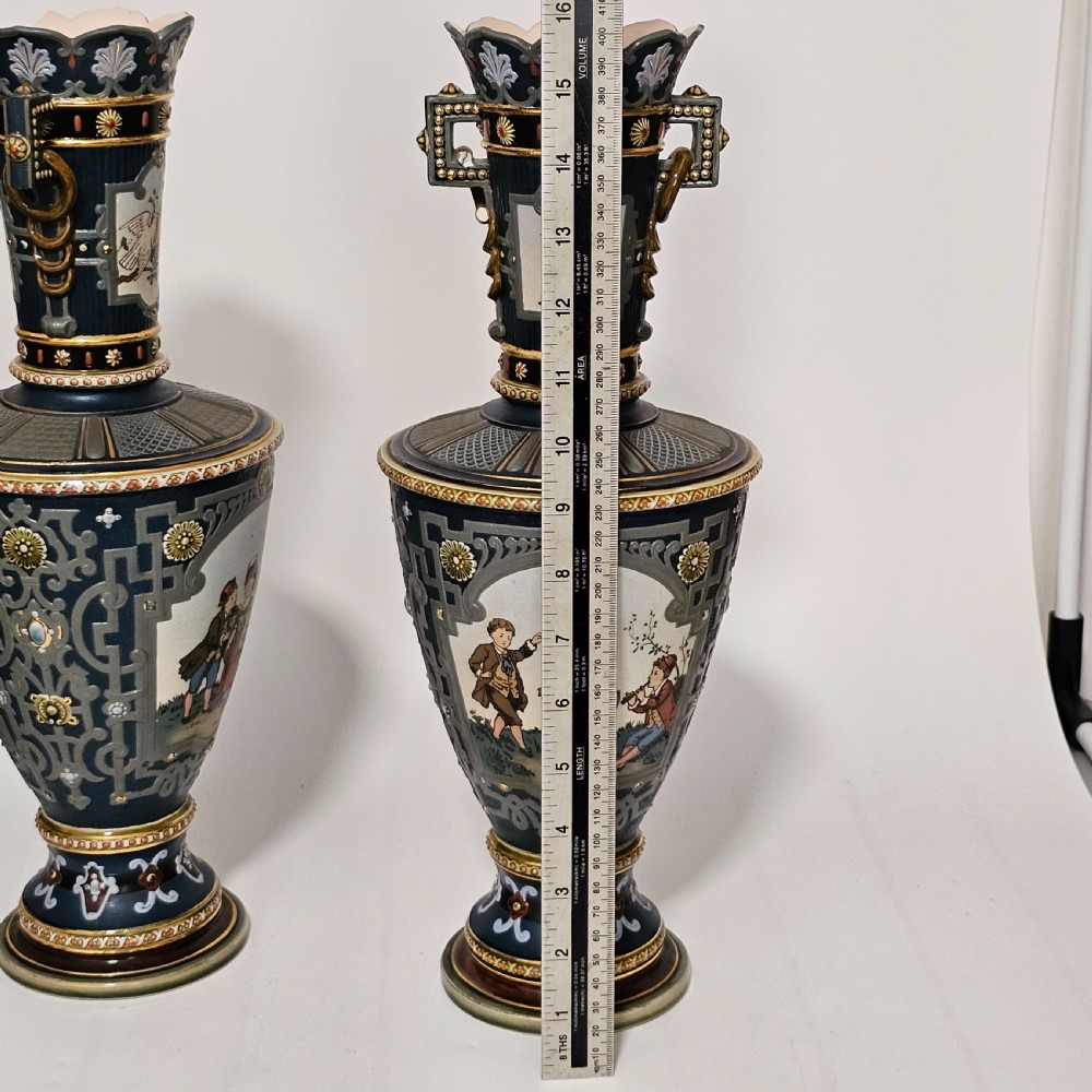 Huge German Mettlach vintage Victorian antique Pr Vases 40cm View X
