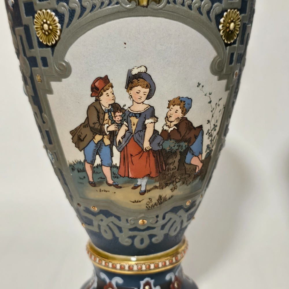Huge German Mettlach vintage Victorian antique Pr Vases 40cm View XI