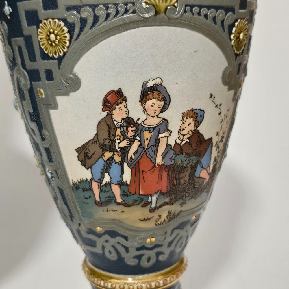 Huge German Mettlach vintage Victorian antique Pr Vases 40cm View XII