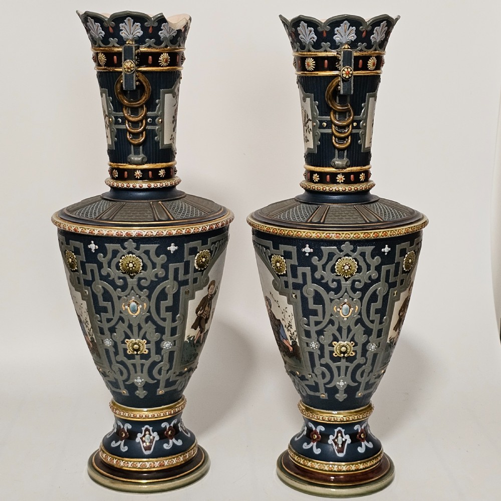 Huge German Mettlach vintage Victorian antique Pr Vases 40cm View XV