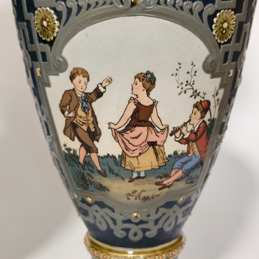 Huge German Mettlach vintage Victorian antique Pr Vases 40cm View XVIII