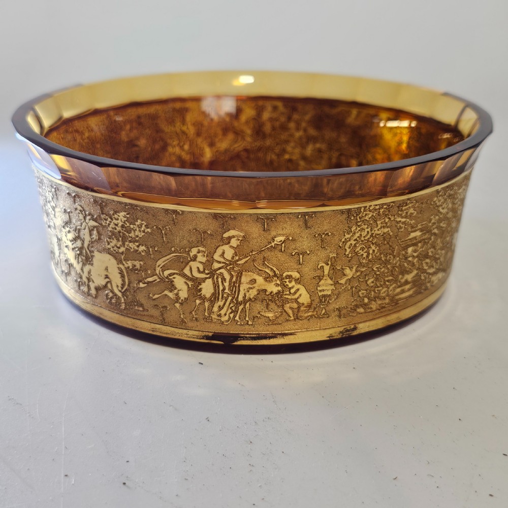 Antique Moser Karlsbad Amber Circular Dish Etched Gilded Band with Faceted Rim