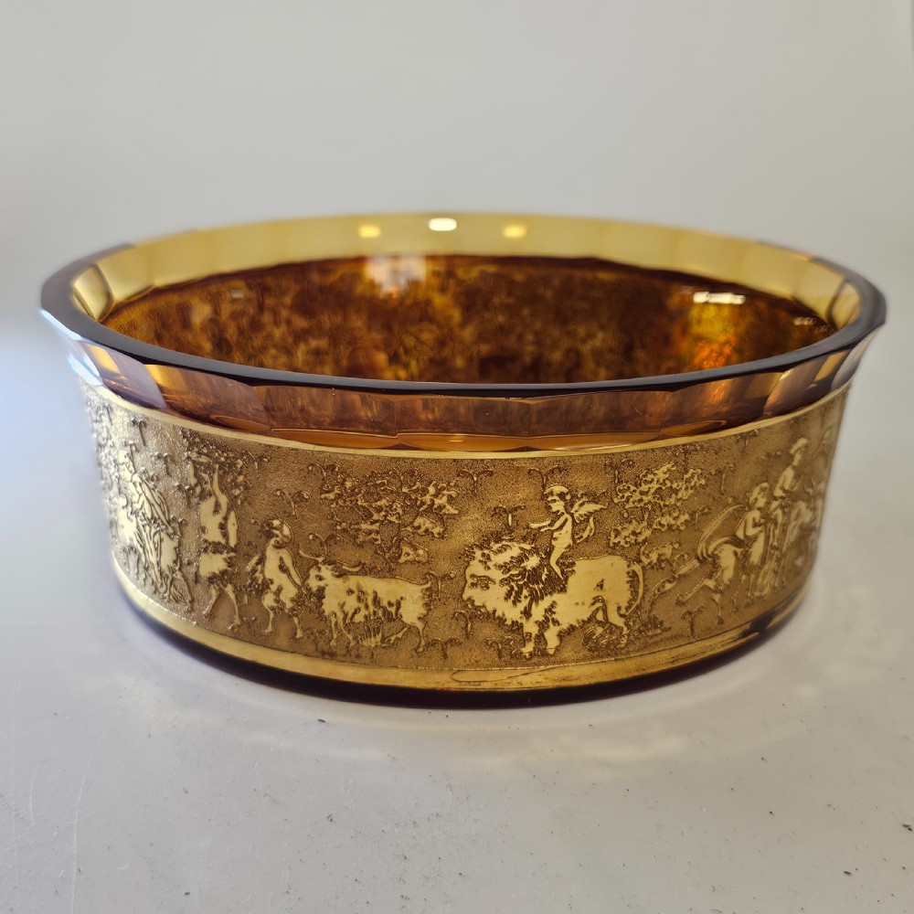 Antique Moser Karlsbad Amber Circular Dish Etched Gilded Band with Faceted Rim View II