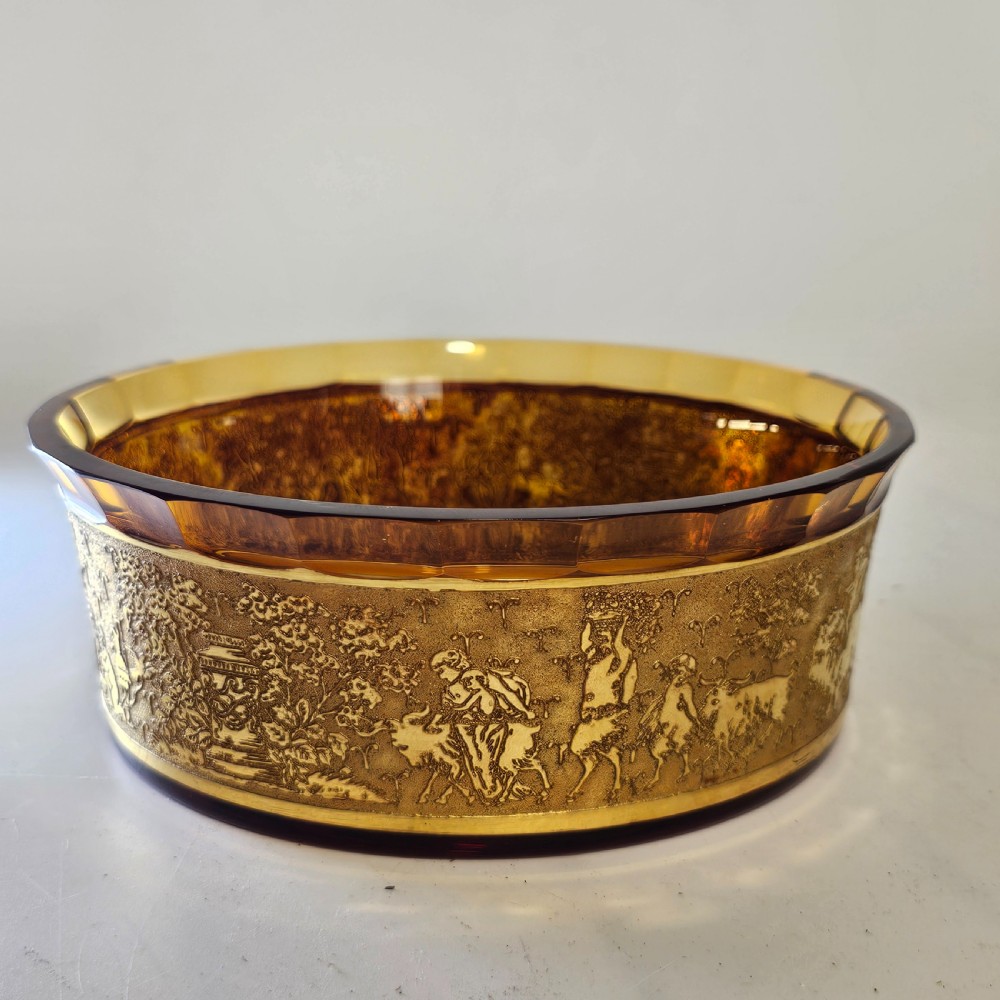 Antique Moser Karlsbad Amber Circular Dish Etched Gilded Band with Faceted Rim View III