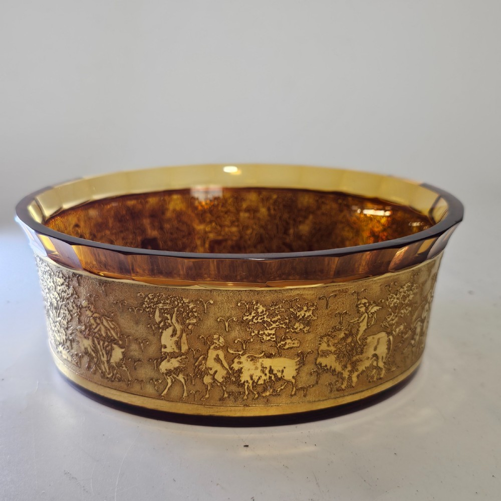 Antique Moser Karlsbad Amber Circular Dish Etched Gilded Band with Faceted Rim View IV