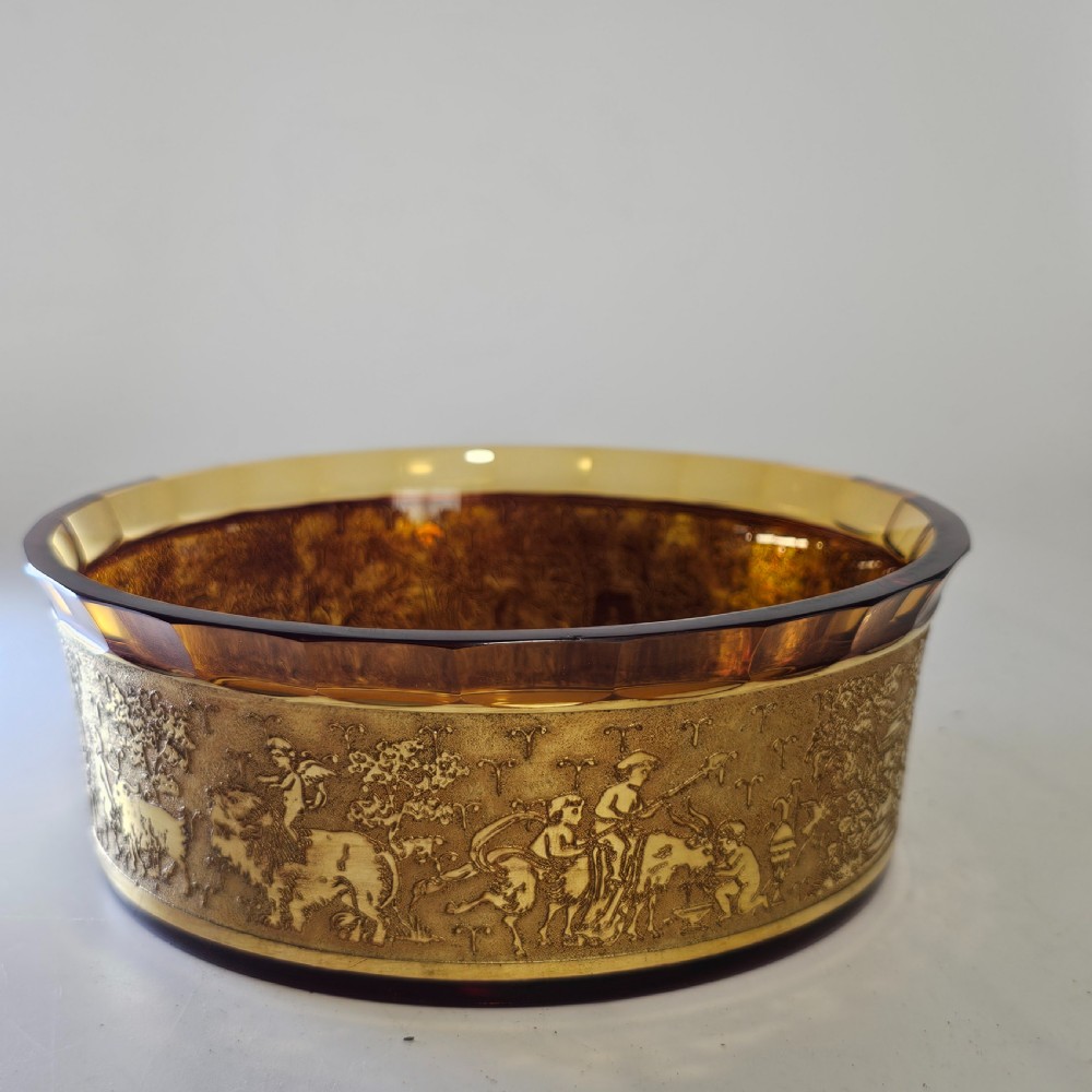 Antique Moser Karlsbad Amber Circular Dish Etched Gilded Band with Faceted Rim View V