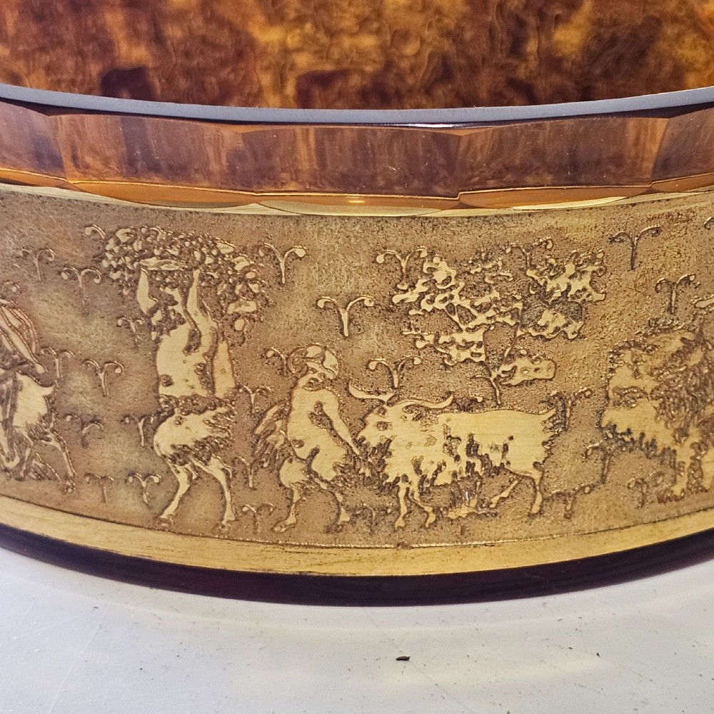 Antique Moser Karlsbad Amber Circular Dish Etched Gilded Band with Faceted Rim View VI