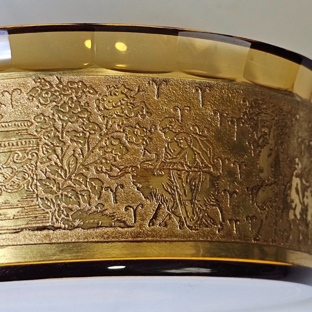 Antique Moser Karlsbad Amber Circular Dish Etched Gilded Band with Faceted Rim View VIII