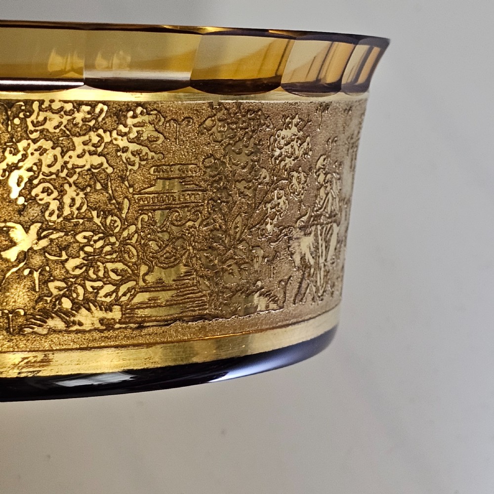 Antique Moser Karlsbad Amber Circular Dish Etched Gilded Band with Faceted Rim View IX