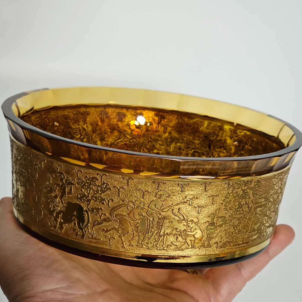 Antique Moser Karlsbad Amber Circular Dish Etched Gilded Band with Faceted Rim View X