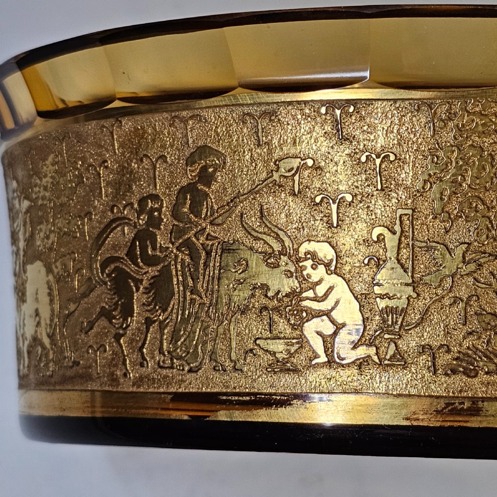 Antique Moser Karlsbad Amber Circular Dish Etched Gilded Band with Faceted Rim View XI