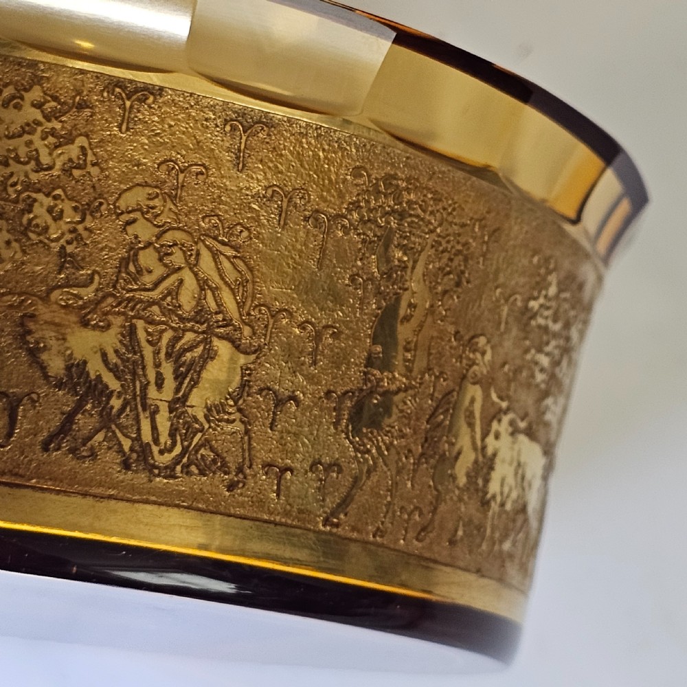 Antique Moser Karlsbad Amber Circular Dish Etched Gilded Band with Faceted Rim View XIII
