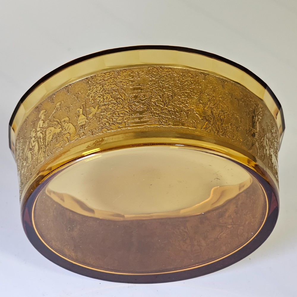 Antique Moser Karlsbad Amber Circular Dish Etched Gilded Band with Faceted Rim View XIV