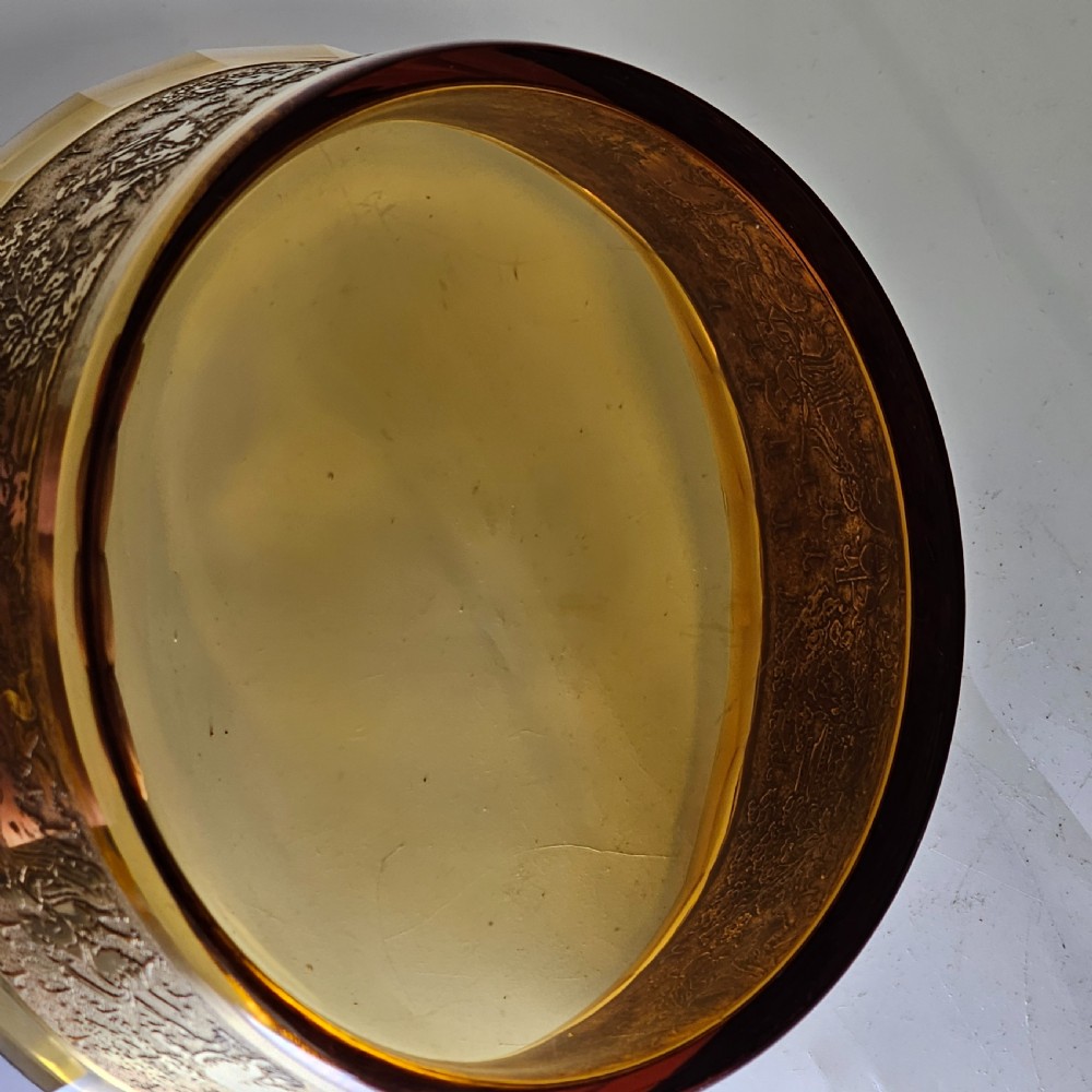 Antique Moser Karlsbad Amber Circular Dish Etched Gilded Band with Faceted Rim View XV