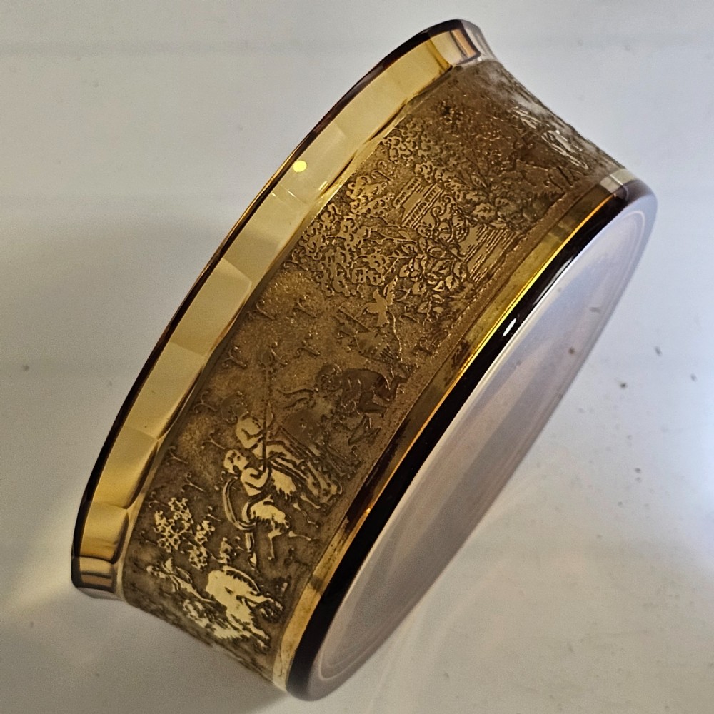 Antique Moser Karlsbad Amber Circular Dish Etched Gilded Band with Faceted Rim View XVI
