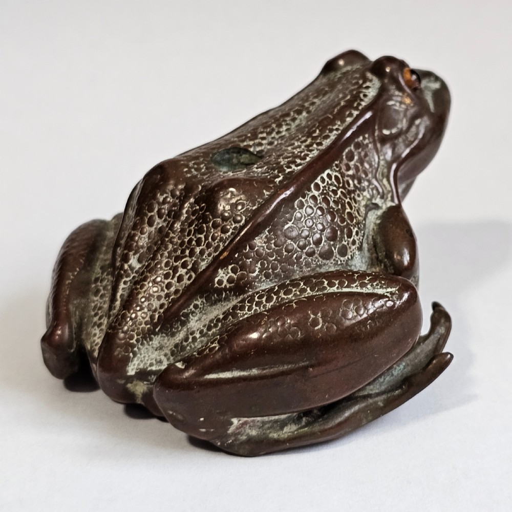 An antique cast bronze frog pen holder featuring textured skin details and inset glass eyes. View VI