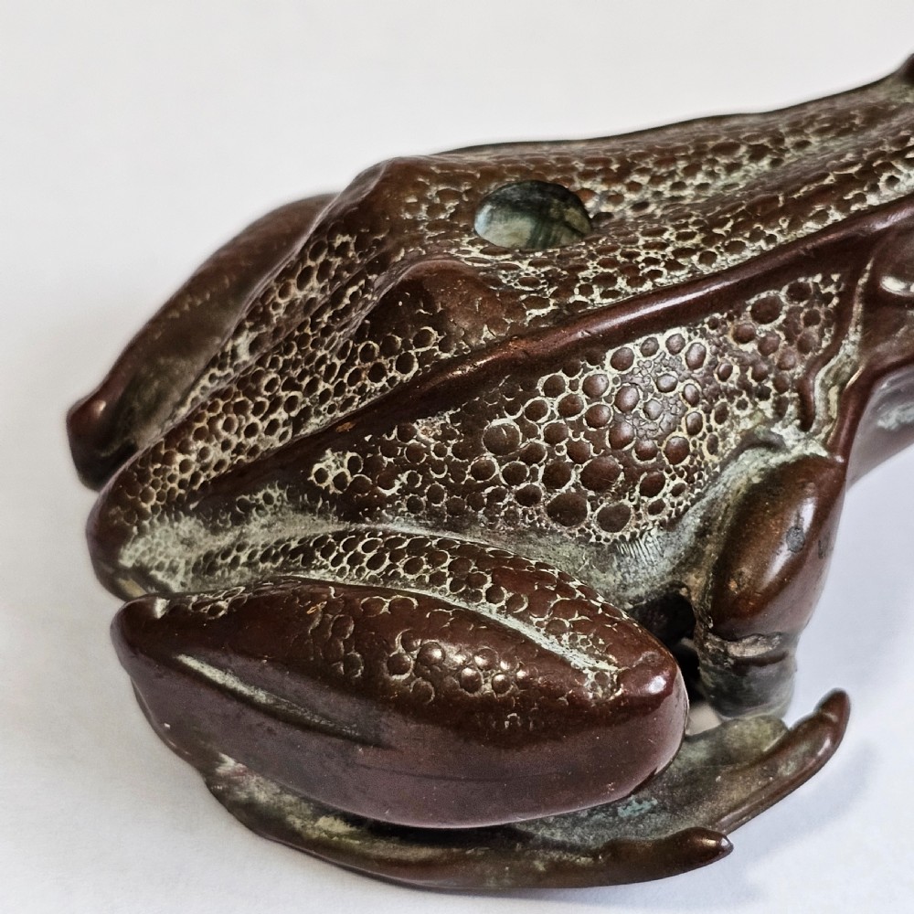 An antique cast bronze frog pen holder featuring textured skin details and inset glass eyes. View XVI