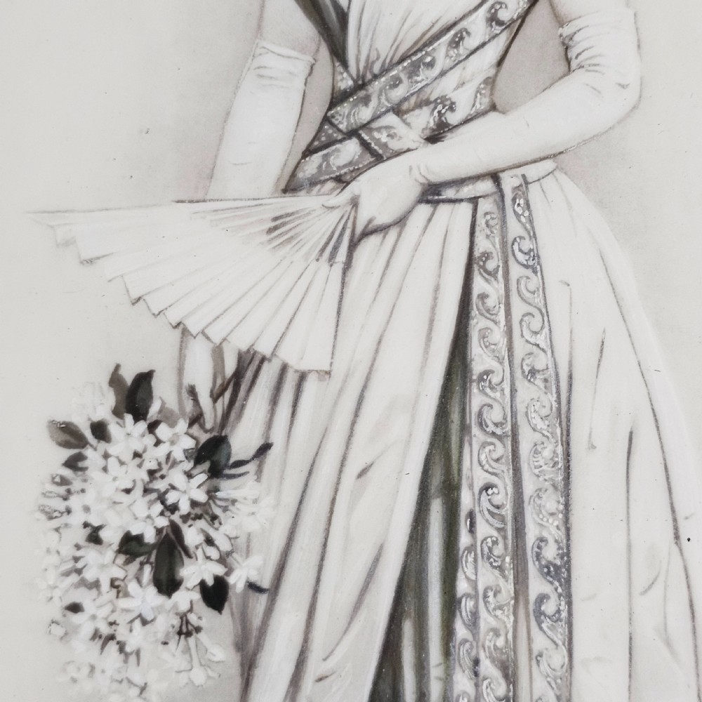 A rectangular framed porcelain plaque featuring a monochrome depiction of an Edwardian lady holding a fan within an ornate gilt frame. View IV
