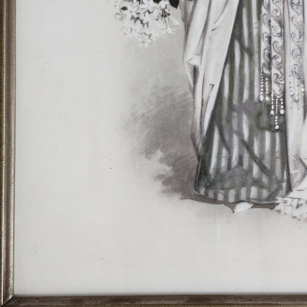 A rectangular framed porcelain plaque featuring a monochrome depiction of an Edwardian lady holding a fan within an ornate gilt frame. View XII