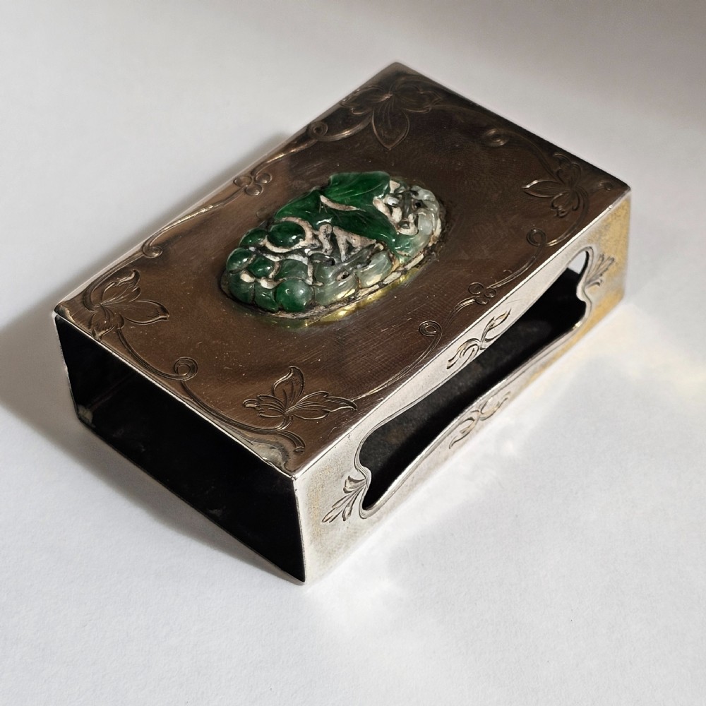 Fine Rare Edward I. Farmer Sterling Silver Matchbox Holder with Jade Plaque