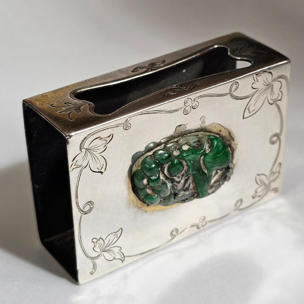 Fine Rare Edward I. Farmer Sterling Silver Matchbox Holder with Jade Plaque View II