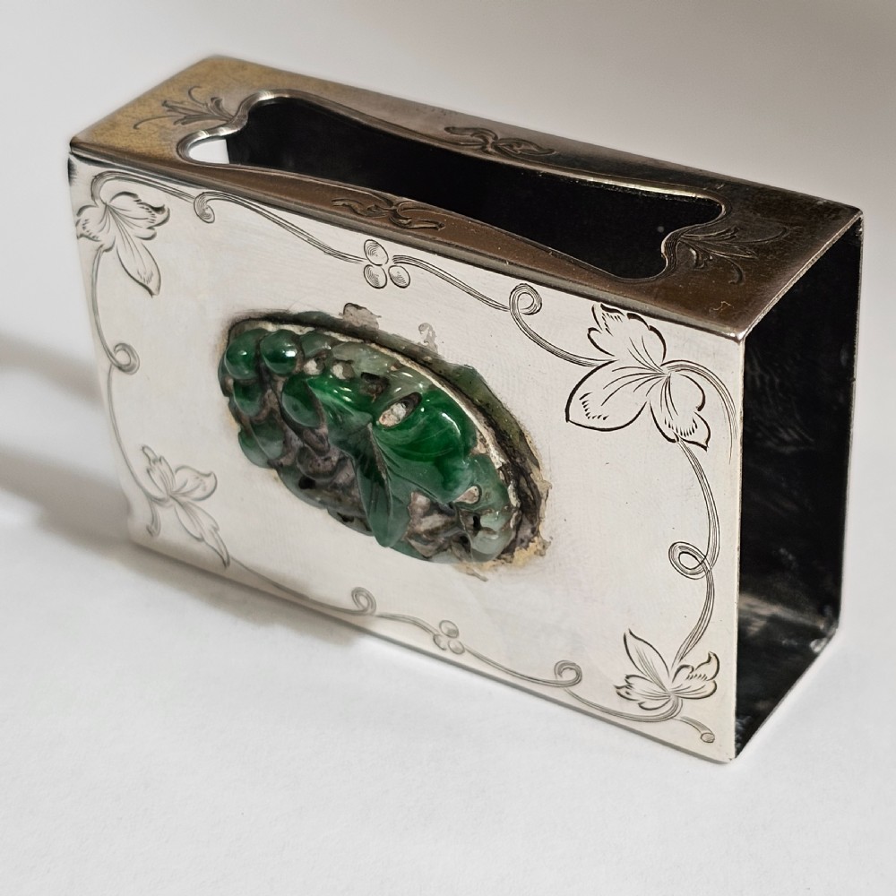 Fine Rare Edward I. Farmer Sterling Silver Matchbox Holder with Jade Plaque View III