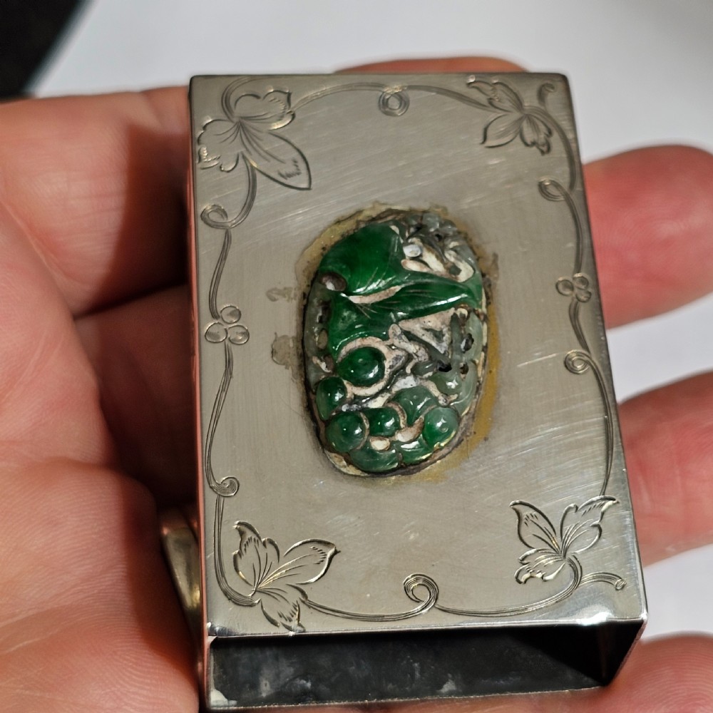 Fine Rare Edward I. Farmer Sterling Silver Matchbox Holder with Jade Plaque View VIII