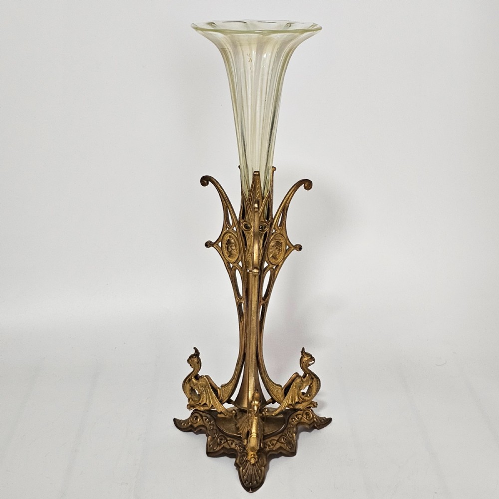 Victorian 1890S Uranium Glass Epergne Vase With A Gilt Bronze Base/Holder View II