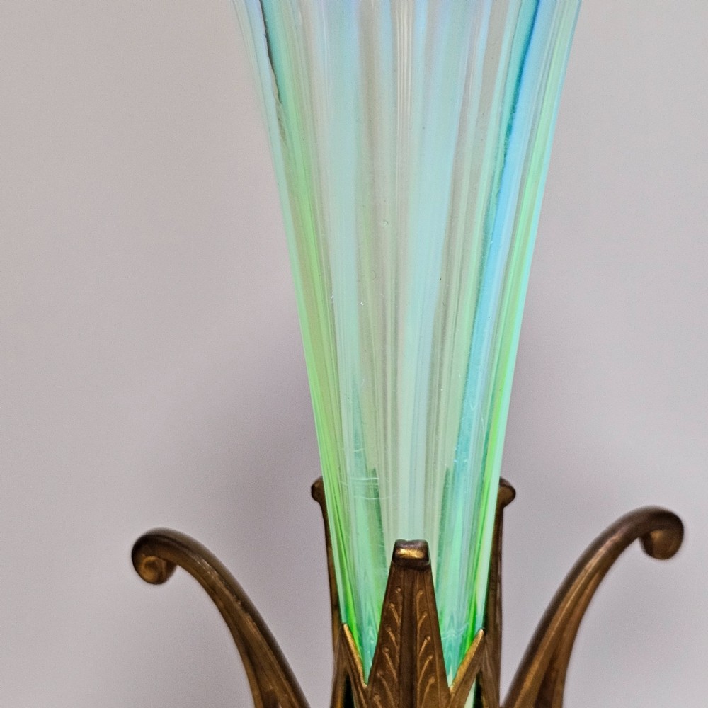 Victorian 1890S Uranium Glass Epergne Vase With A Gilt Bronze Base/Holder View V