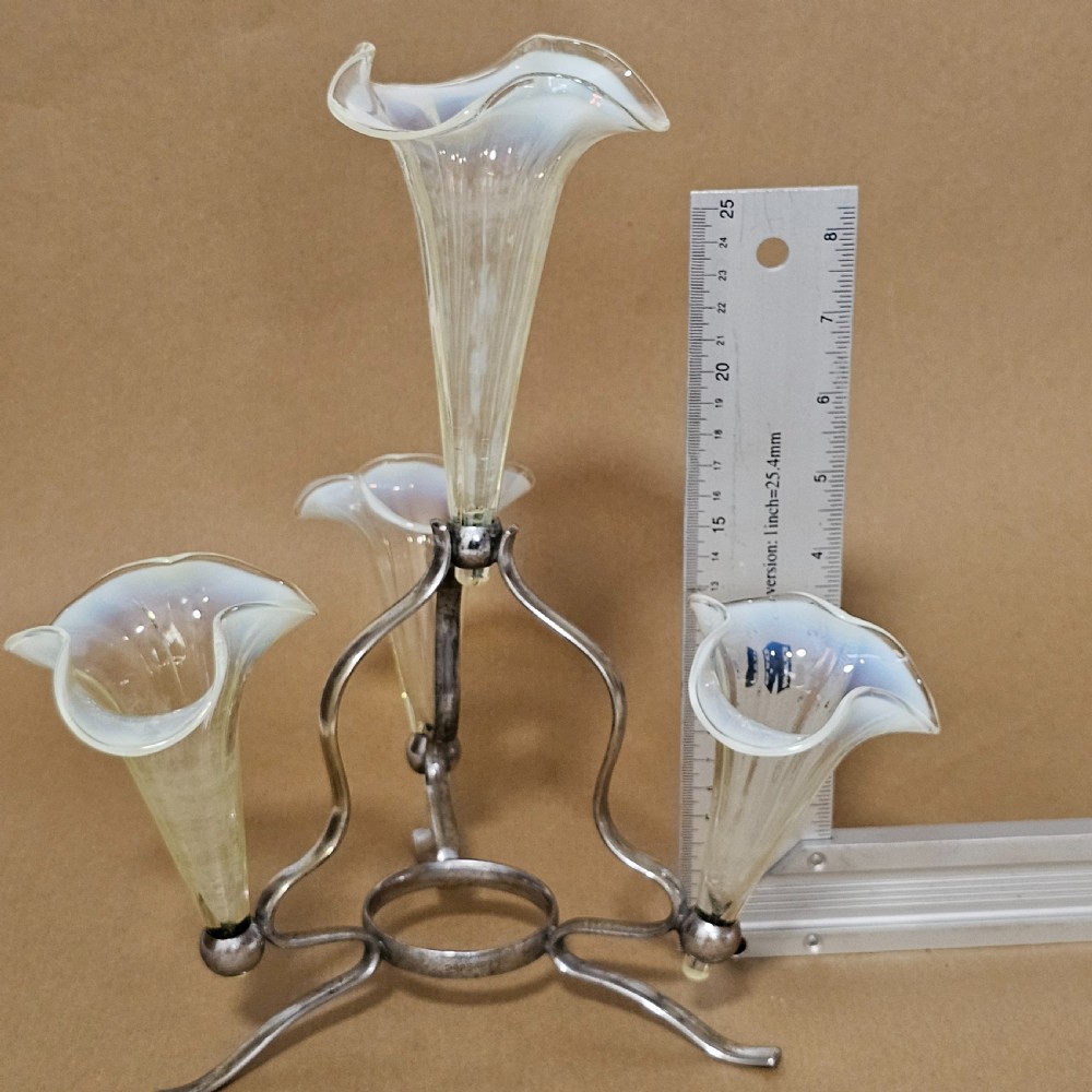 Stunning Victorian 1890S Quadruple Glass Epergne Vase With A Silver Plated Base/Holder And Four Uranium Glass Vases View II